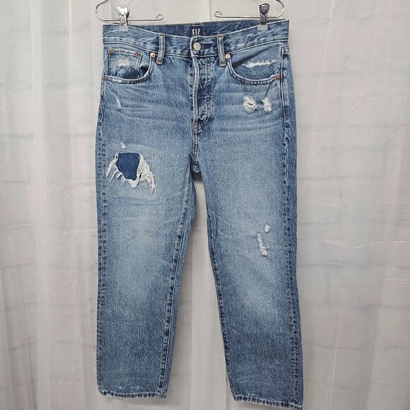 GAP Blue Distressed Button Fly Cropped Straight Leg Grunge Jeans 2/26 - Picture 11 of 11